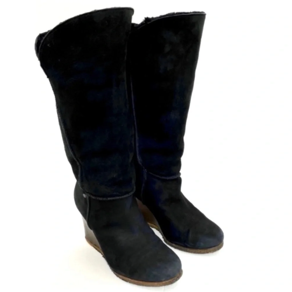 Ugg Suede Sheepskin Knee High Wedge Boot In Black
